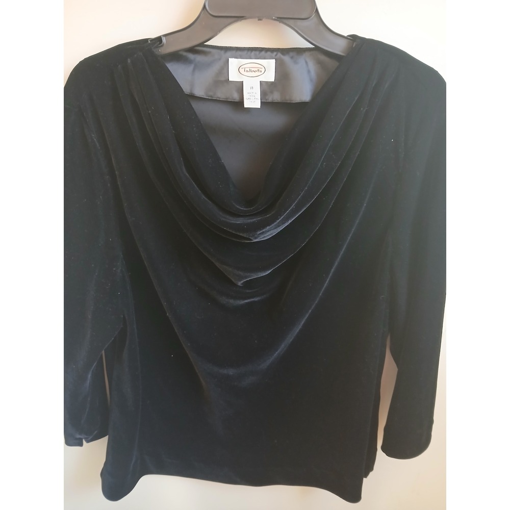 Talbots Black Velvet Cowl drape Neck Long Sleeve Top Women's Size 18